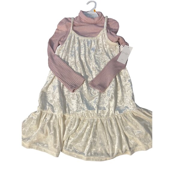 Jessica Simpson Girls Velvet 2 Piece Dress Cream Pink Glitter Turtleneck 6X NWT - Picture 1 of 7